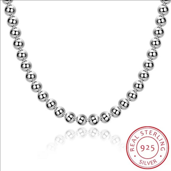 925 Sterling Silver Simple Bead Necklace 8 mm - Picture 5 of 14